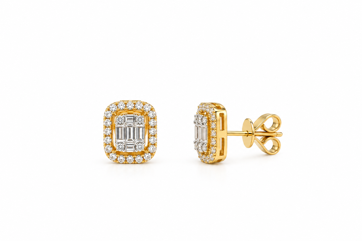 Emerald Baguette Halo Diamond Earrings