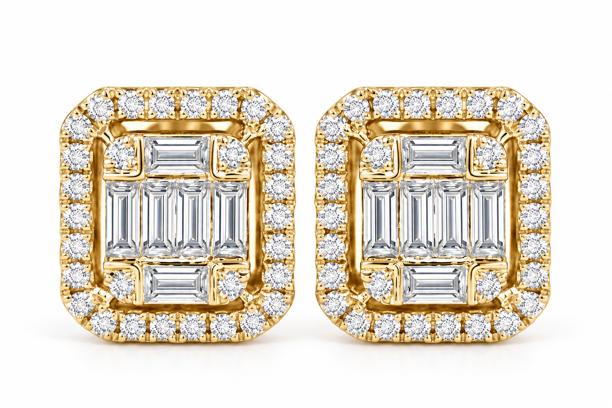 Illusion Emerald Cluster Diamond Stud Earrings - 18K Gold