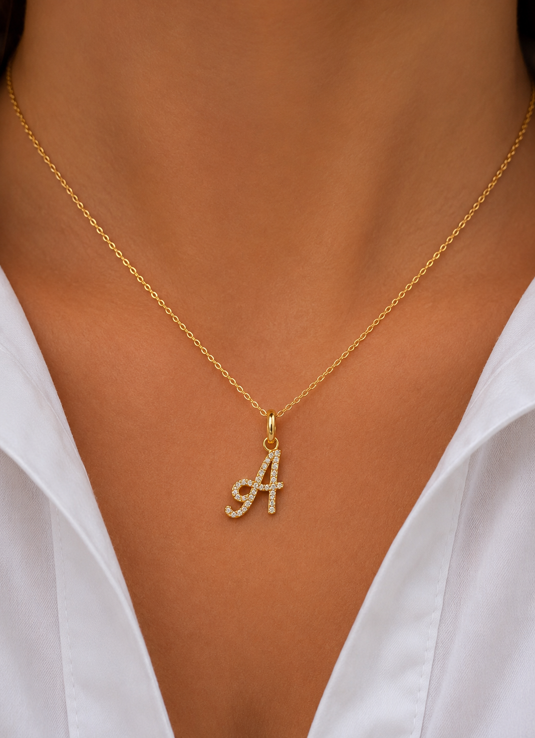 Small Script Diamond Initial Necklace – 18K Gold