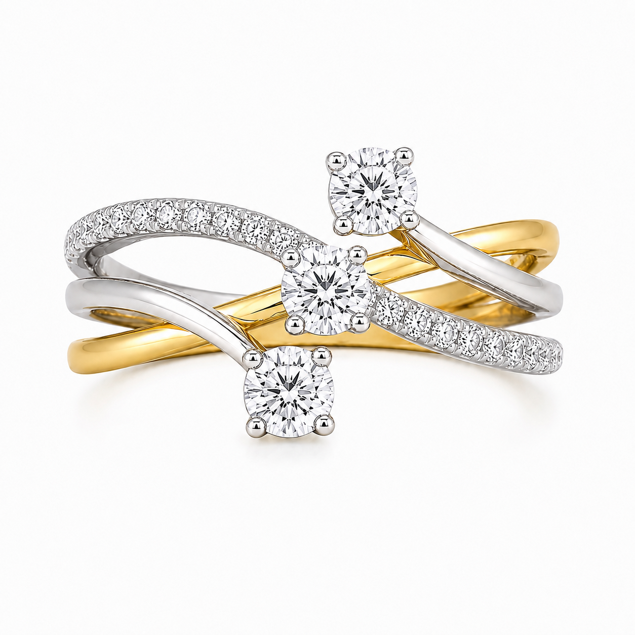 Criss Cross Three Diamond Ring - 18K Gold