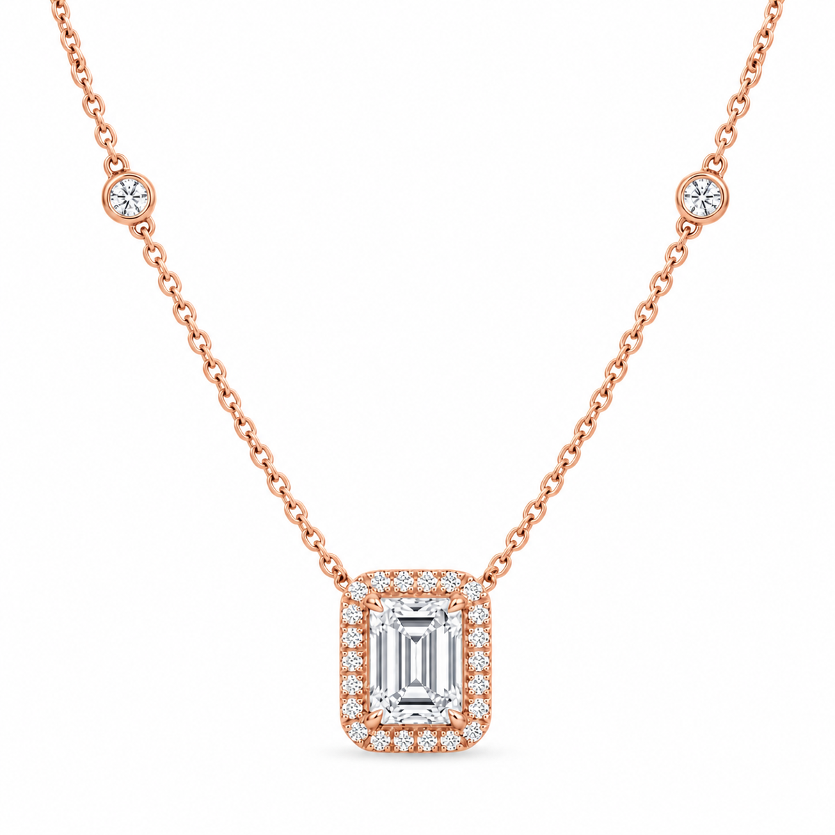 Emerald Halo Side Diamond Necklace - 18K Gold