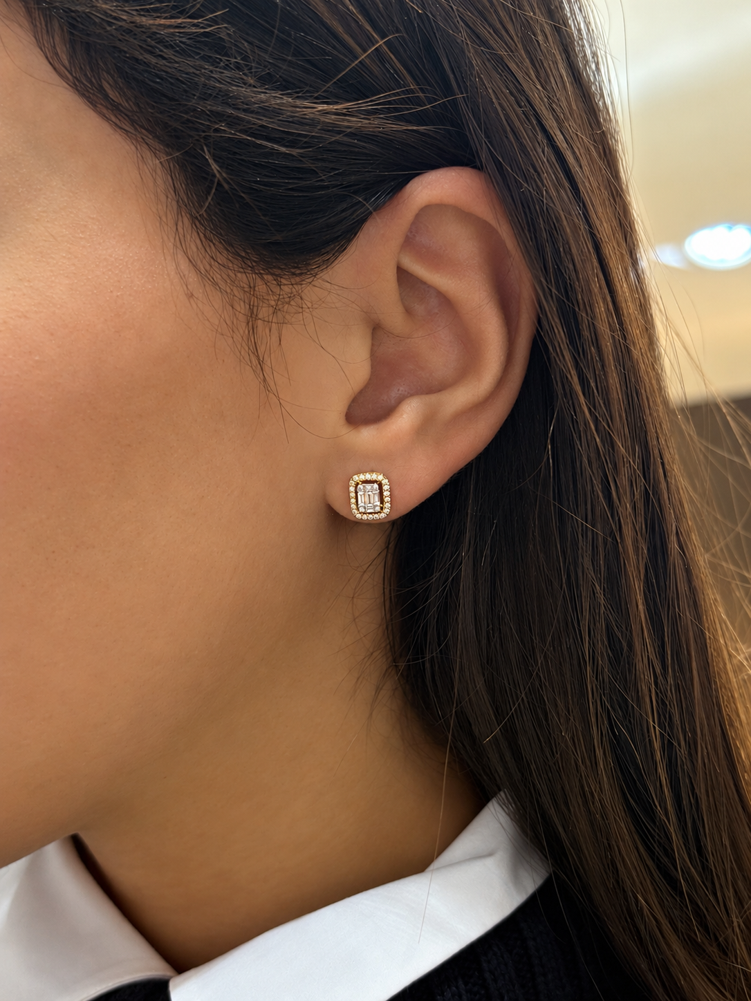 Emerald Baguette Halo Diamond Earrings