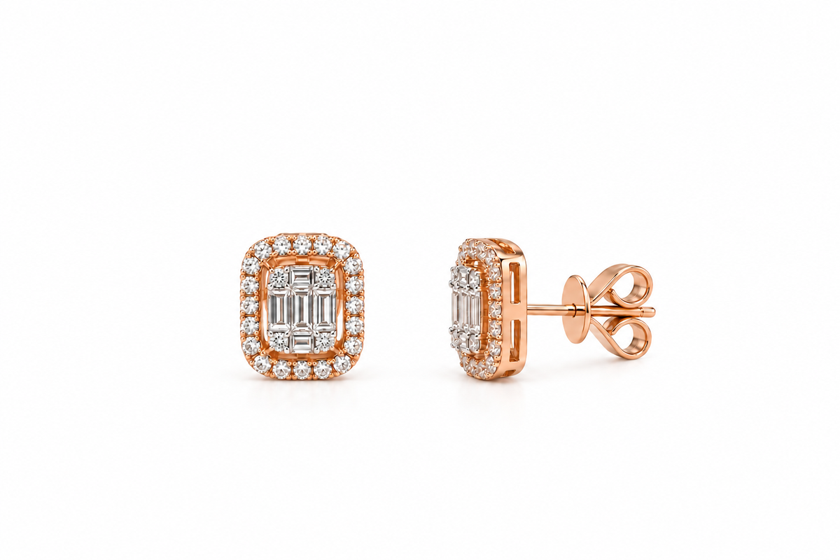 Emerald Baguette Halo Diamond Earrings