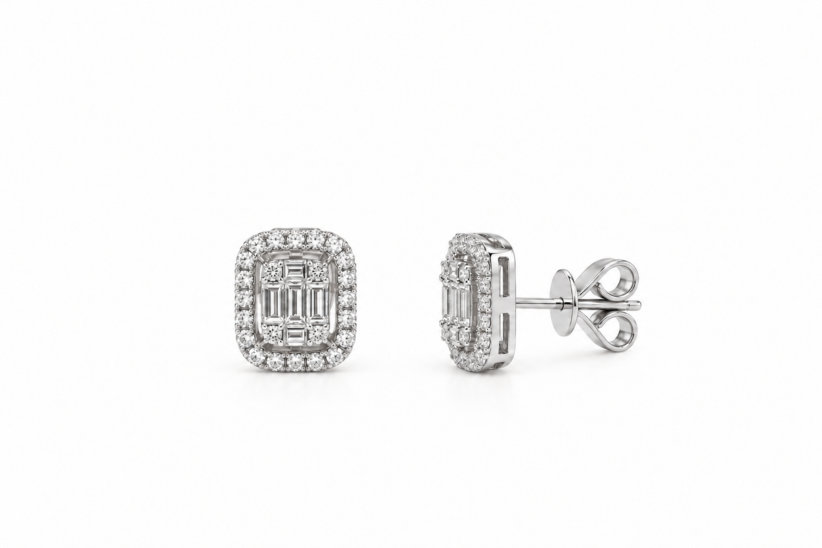 Emerald Baguette Halo Diamond Earrings