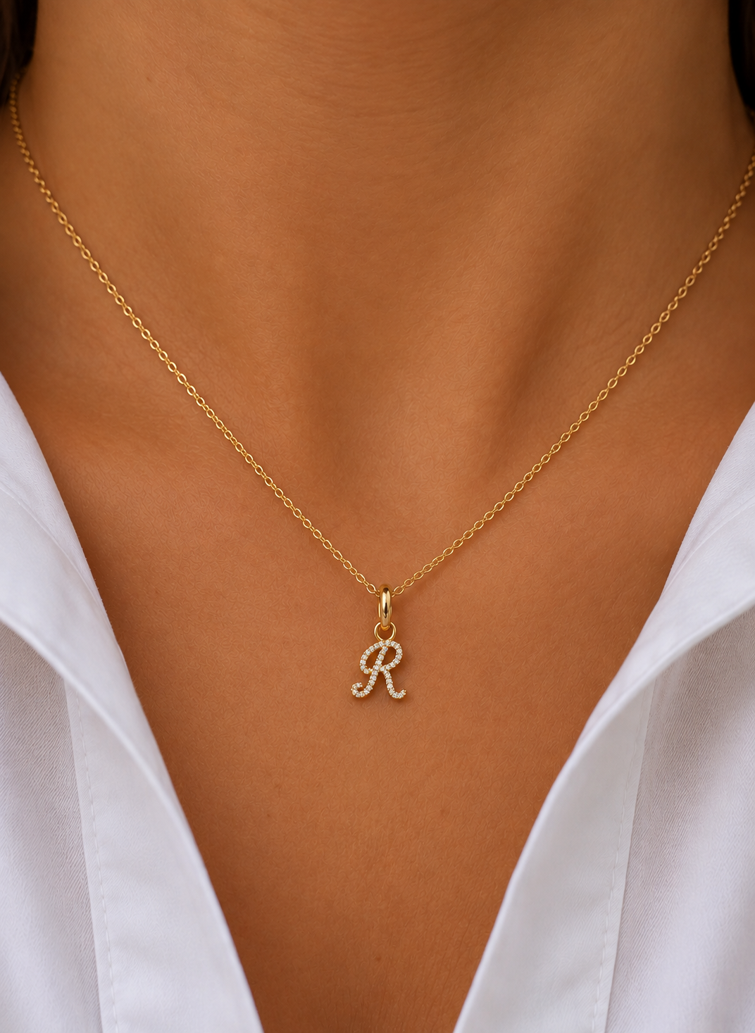 Small Script Diamond Initial Necklace – 18K Gold
