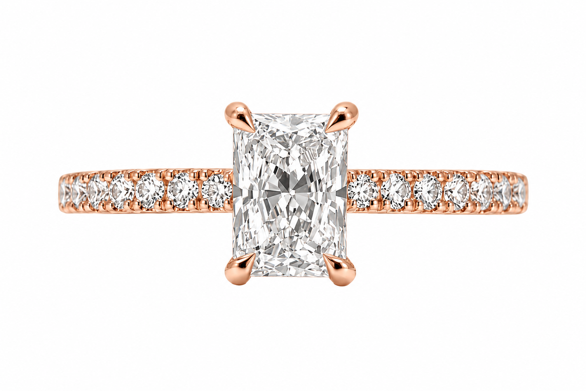 Radiant-Cut Solitaire Pavé Diamond Ring - 18K Gold