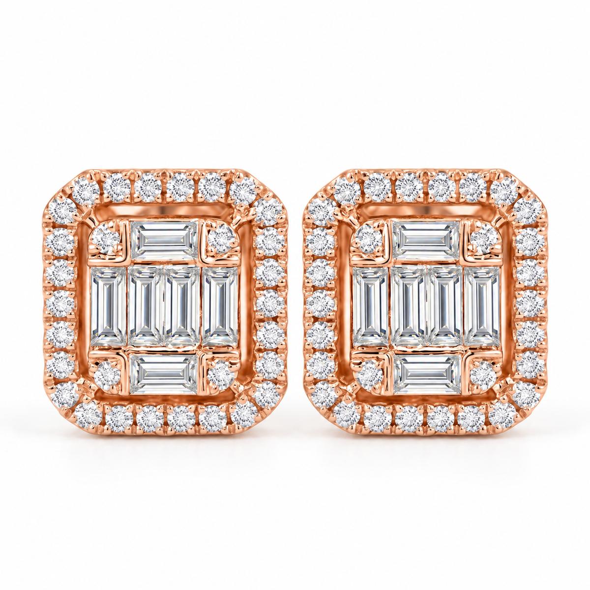 Illusion Emerald Cluster Diamond Stud Earrings - 18K Gold