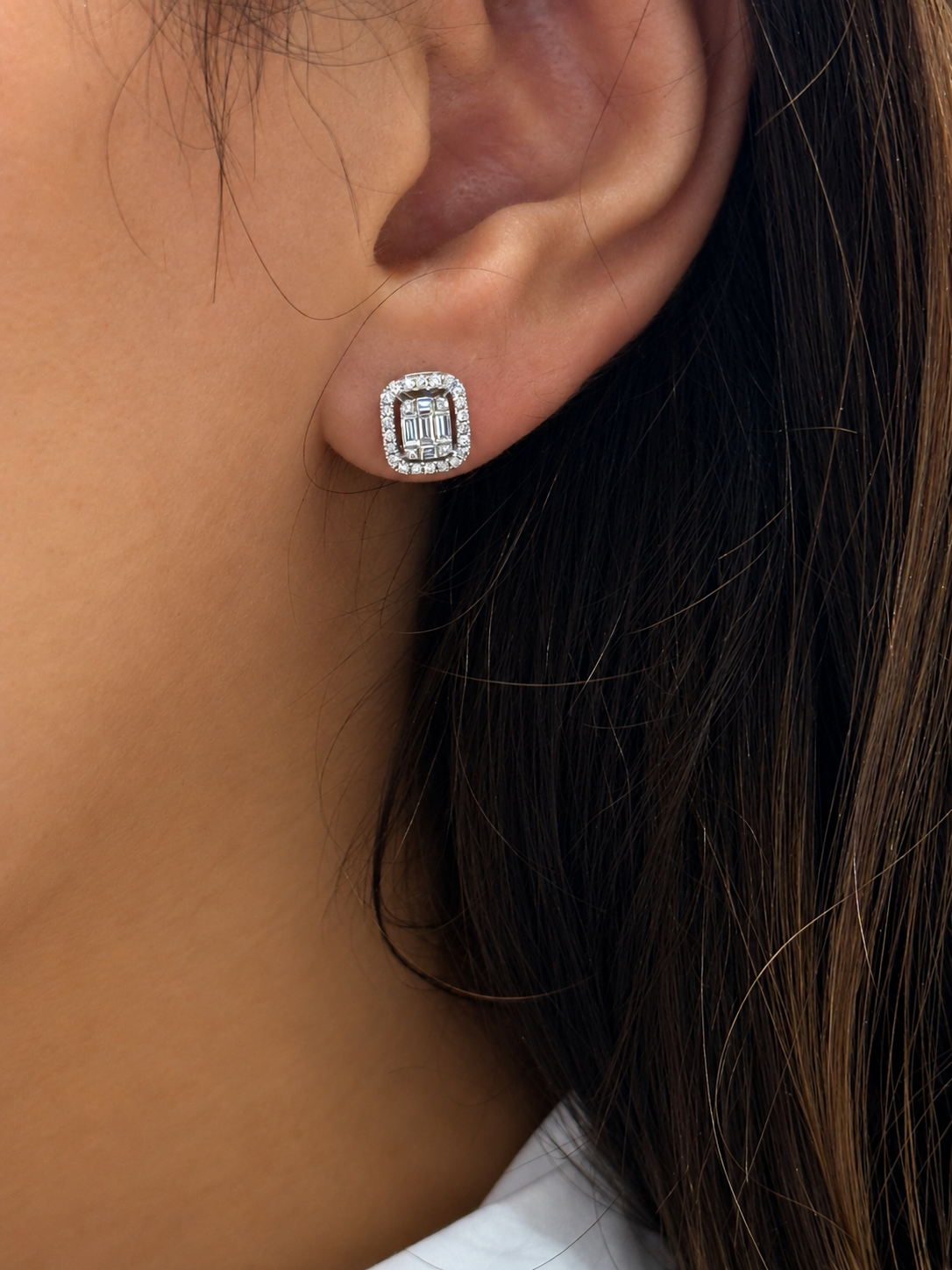 Emerald Baguette Halo Diamond Earrings