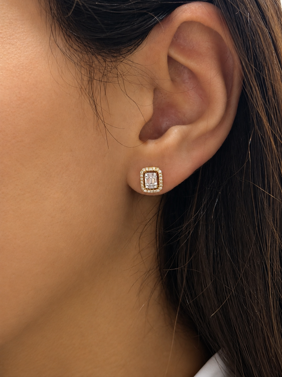 Emerald Baguette Halo Diamond Earrings