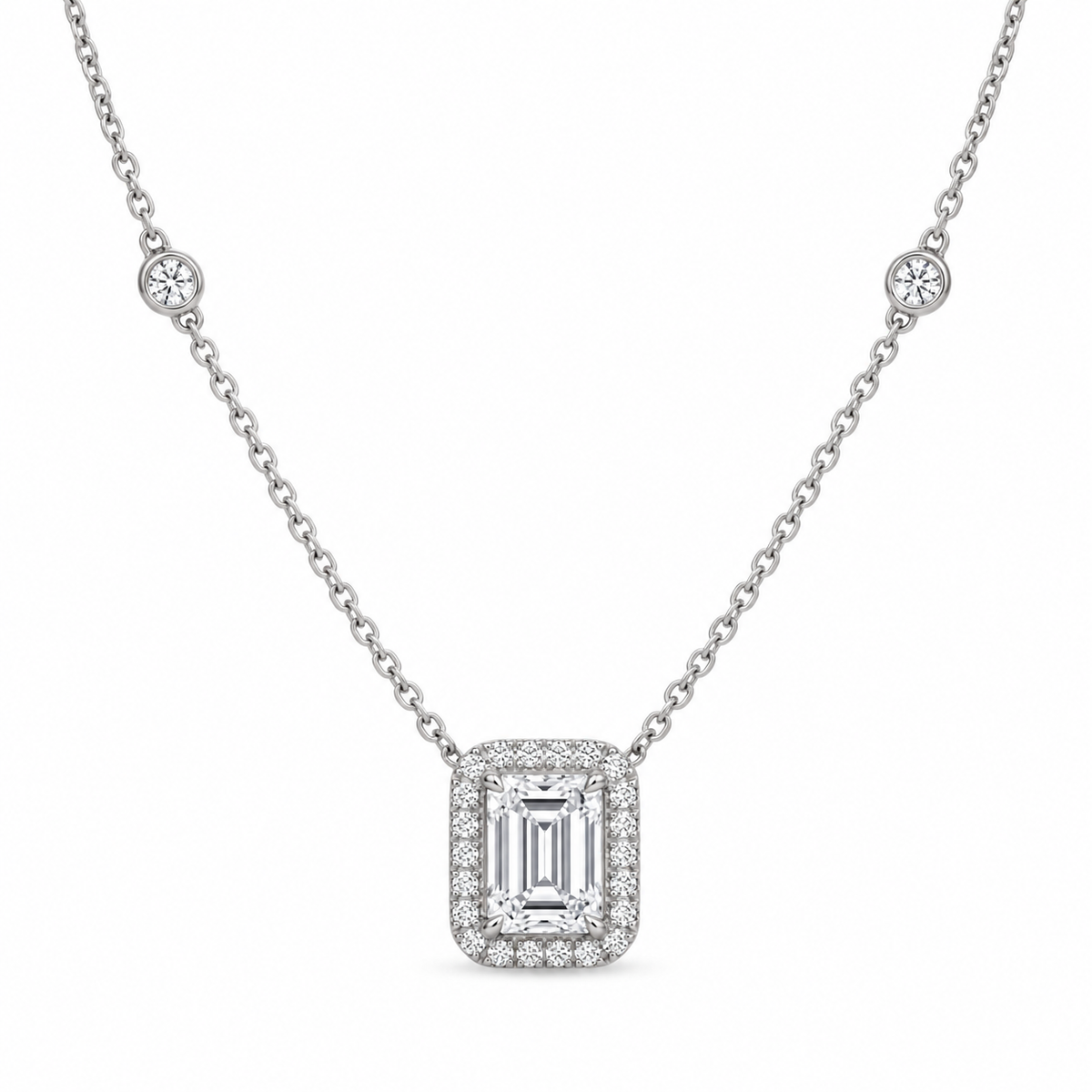 Emerald Halo Side Diamond Necklace - 18K Gold