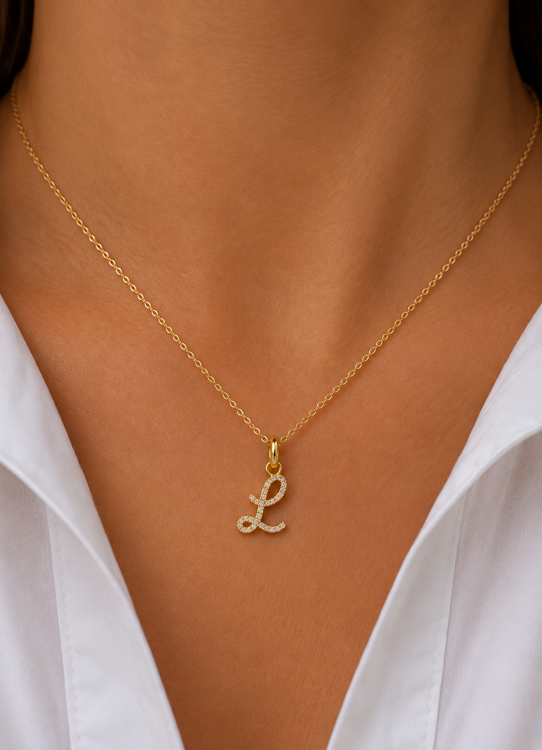 Small Script Diamond Initial Necklace – 18K Gold