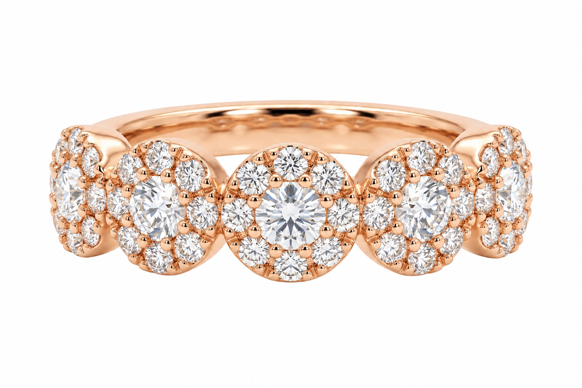 Five Halo Rounds Diamond Ring - 18K Gold