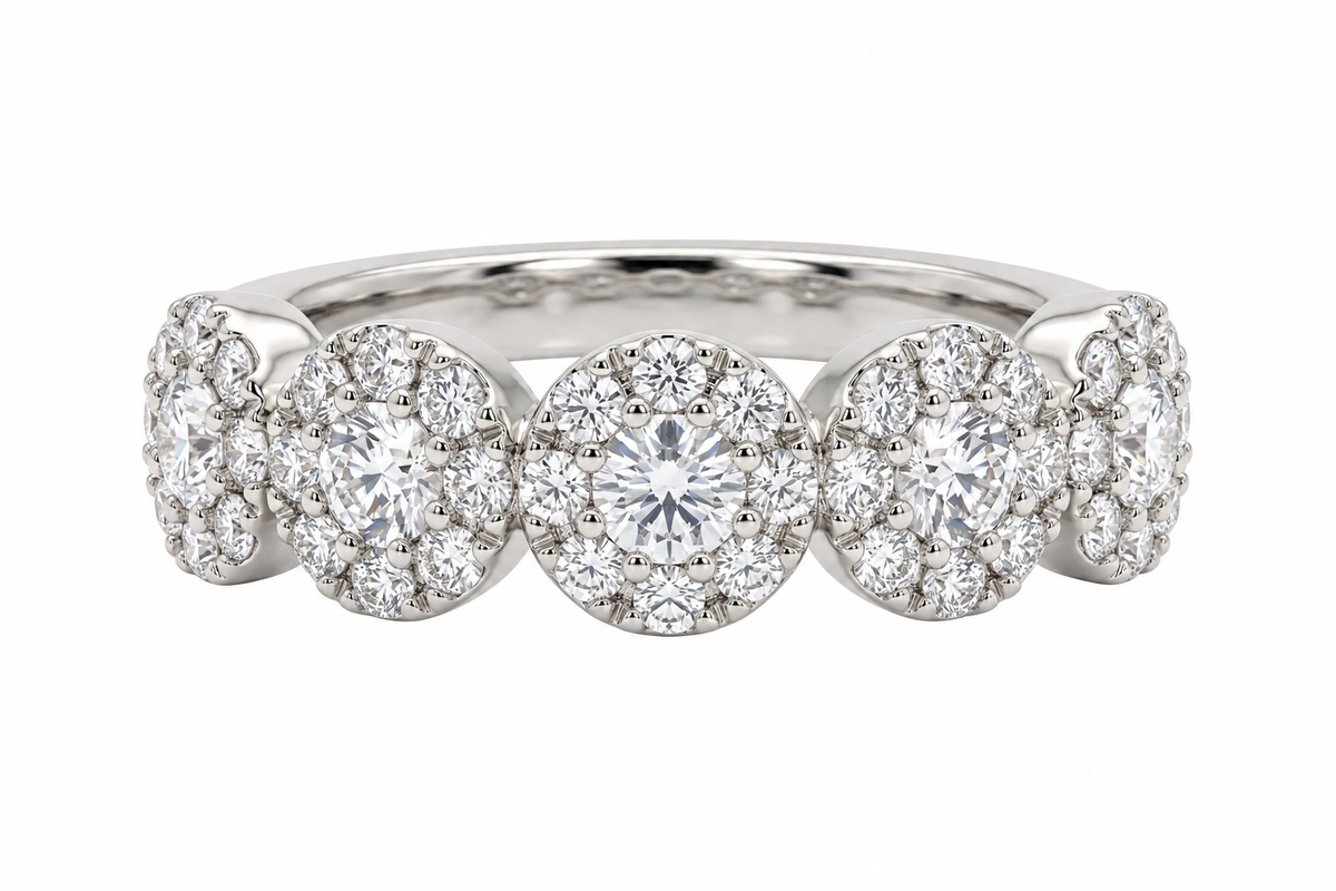 Five Halo Rounds Diamond Ring - 18K Gold