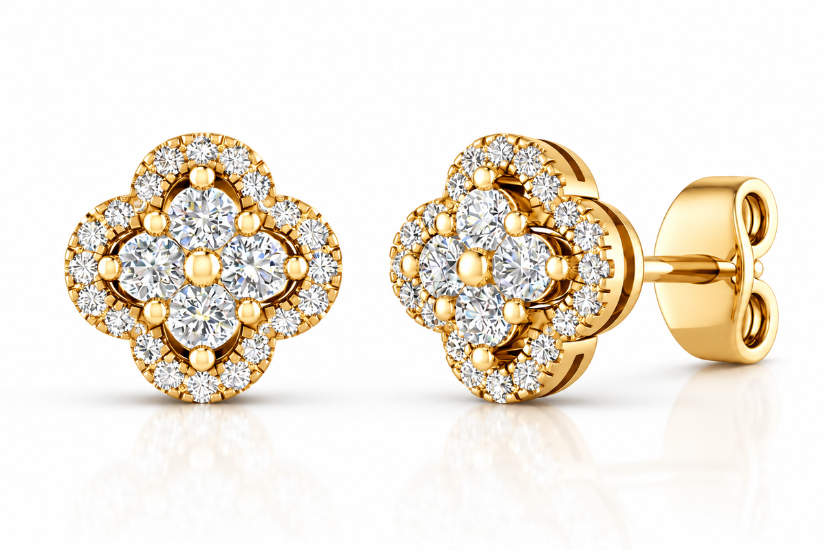 Clover Diamond Stud Earrings - 18K Gold